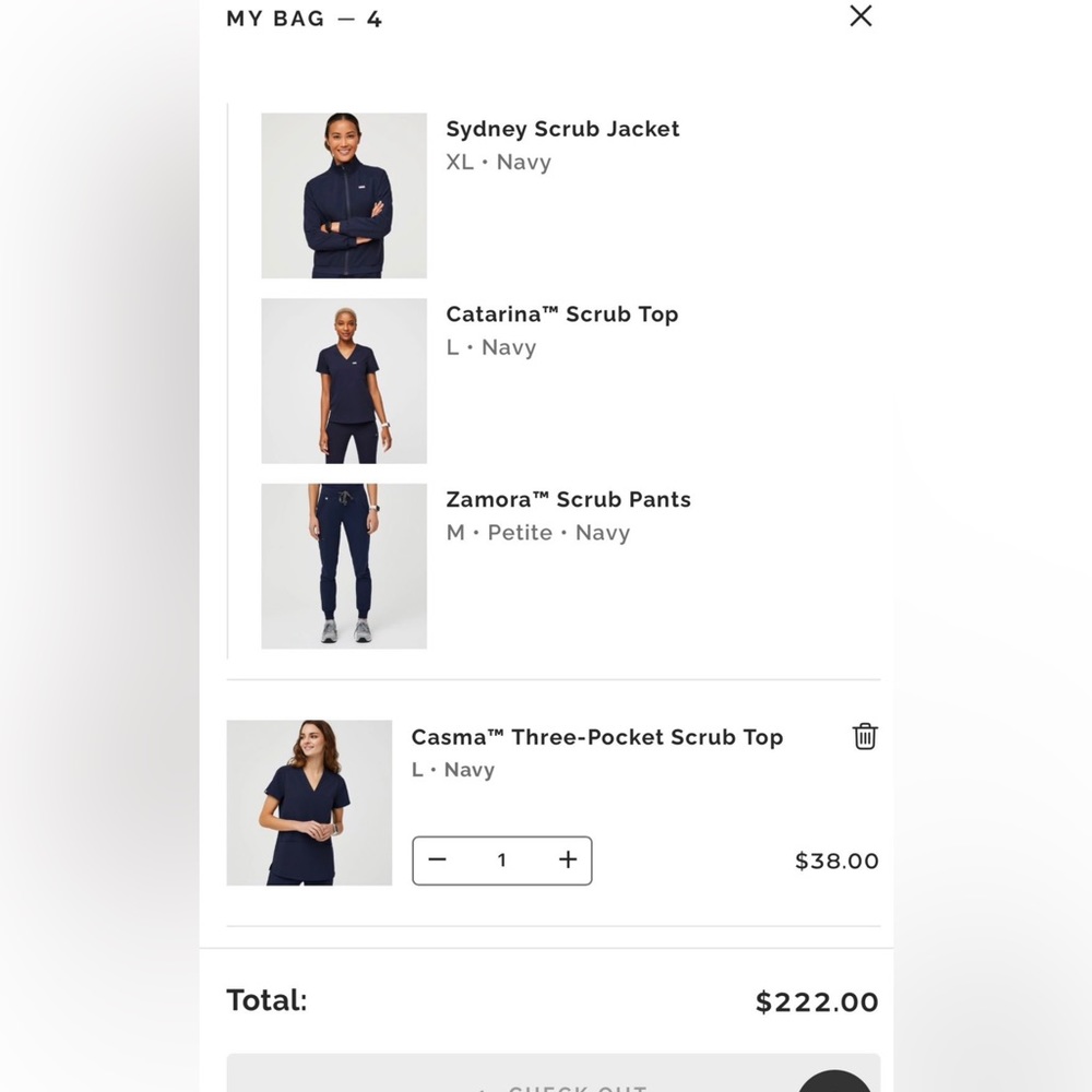 Figs Navy Scrubs. Large Top X 2. Med. Petite bottom. XL jacket. NWTs.